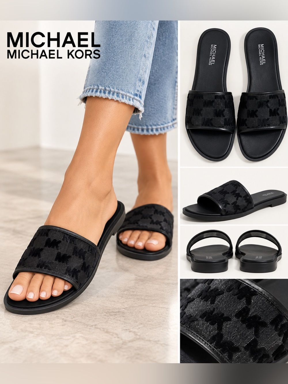 MICHAEL Michael Kors Black MK Logo Mesh Slide Sandals Women’s Size 8.5